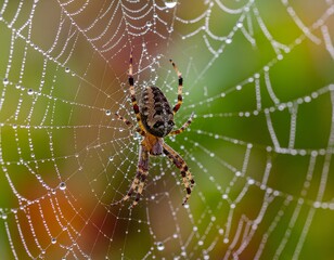 A close-up shot of a garden spider on its intricate web, covered in sparkling dew drops, against a soft, blurred natural background.