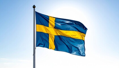 Swedish Flag Waving in Sunlight &ndash; National Identity and Nordic Heritage | Sweden flag, Scandinavian cross, blue and yellow, national symbol, Nordic design, flagpole, waving flag, cultural heritage, Sw