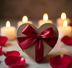 Heart-shaped gift box with red ribbon surrounded by rose petals and glowing candles creating a warm romantic atmosphere.