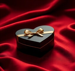 A luxurious black heart-shaped gift box with a golden ribbon sits on red velvet, softly illuminated by candlelight creating a romantic, elegant mood.