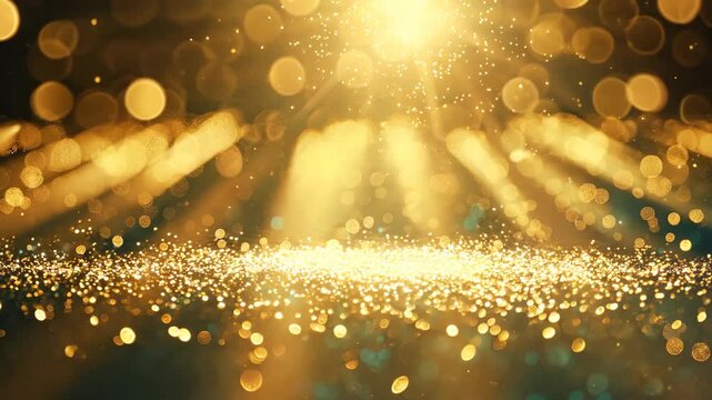 A stunning golden bokeh background filled with shimmering light rays and sparkling effects. Perfect for conveying warmth and joy in various creative projects.