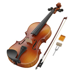 Fototapeta premium Classical violin with bow rosin and tuning fork isolated studio portrait isolated on transparent background
