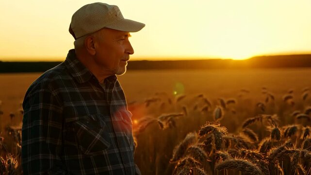 A serene view of an elderly farmer in a lush wheat field at sunset, capturing the essence of rural life and the beauty of agricultural traditions.