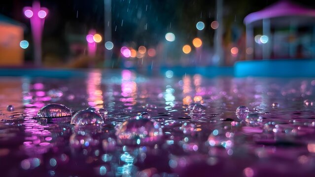 Raindrops and bubbles on a neon-lit pool at night, with colorful bokeh reflections in pink, purple, and blue. Concept Neon Night Pool Shoot, Rainy Bubbles Reflections, Pink Purple Blue Bokeh