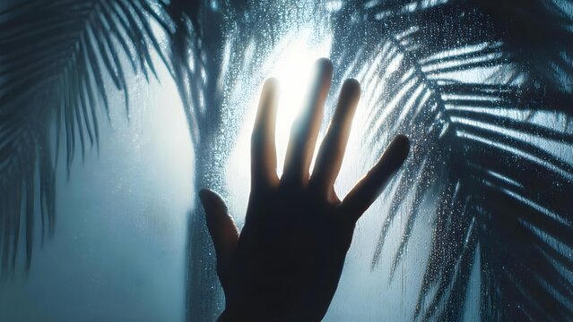 A hand pressed against a foggy, rain-speckled glass, backlit by bright light with palm fronds silhouetted around. Concept Fogged glass portrait, Rain-kissed backlighting, Palm frond silhouettes