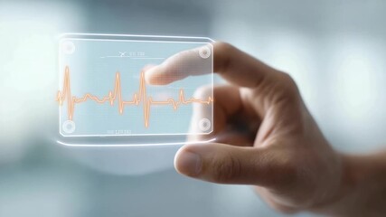 Medical professional interacts with futuristic transparent display, analyzing heartbeat data with innovative technology in modern healthcare setting - Powered by Adobe