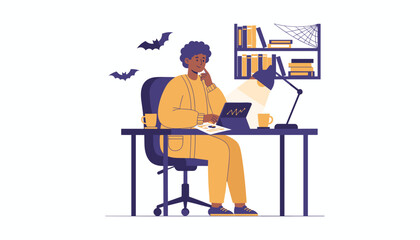 Man working remotely on laptop at Halloween themed desk contemplating ideas