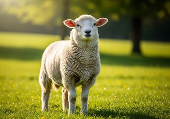 Fototapeta premium A fluffy white lamb stands in a sunlit green pasture, looking directly at the viewer with a gentle expression.