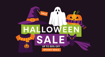 Halloween Sale graphic featuring spooky characters like ghost pumpkin witch hat and bat Perfect for holiday marketing