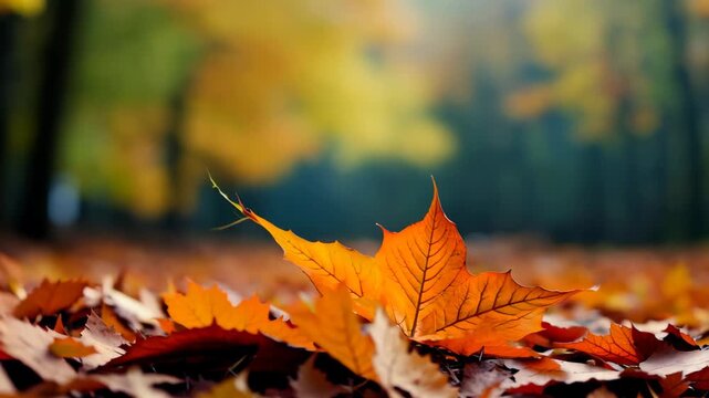 A close-up of a vibrant orange leaf hanging gracefully on a branch. The blurred background creates a serene autumn atmosphere, highlighting nature's beauty.