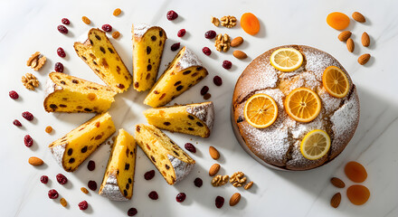 Top view of fruit panettone with dried fruits and nuts, clean modern styling.