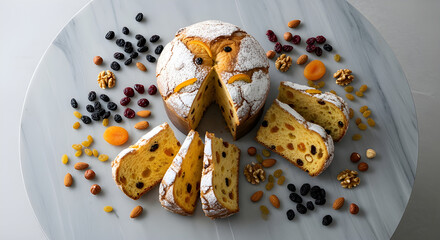 Top view of fruit panettone with dried fruits and nuts, clean modern styling.