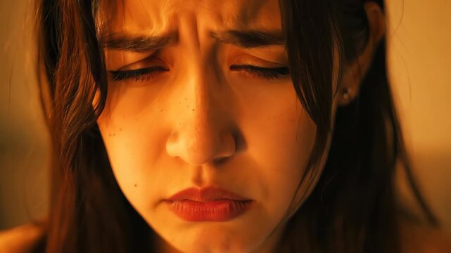 A young woman with a serious expression displays emotions of sadness and worry. Her contemplative look captures a moment of vulnerability and introspection.