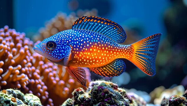 Colorful Reef Fish: A vibrant reef fish swims gracefully through a coral reef ecosystem, showcasing its striking blue and orange coloration against the backdrop of an underwater paradise.