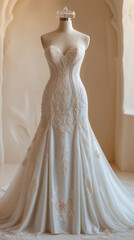 Elegant white wedding dress displayed on a mannequin. Dress features intricate lace detailing and a fitted silhouette