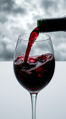 A bottle pours red wine into a clear glass. Background features a cloudy sky, creating a moody atmosphere