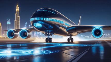 A futuristic airplane with glowing blue accents is parked on a runway at night