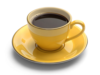 A yellow cup of coffee isolated on white or transparent background