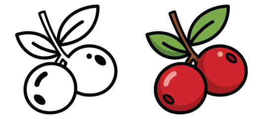 Lineart and Colored Cartoon Cherry Fruit Graphic Icon Illustration