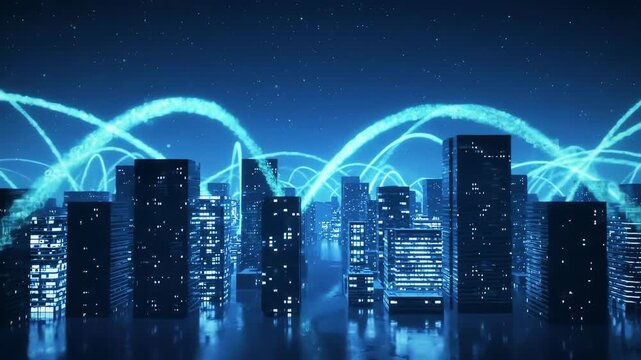 Futuristic city skyline at night with glowing data streams connecting buildings, symbolizing global communication, AI, big data, and advanced network technology. A smart, interconnected urban environm
