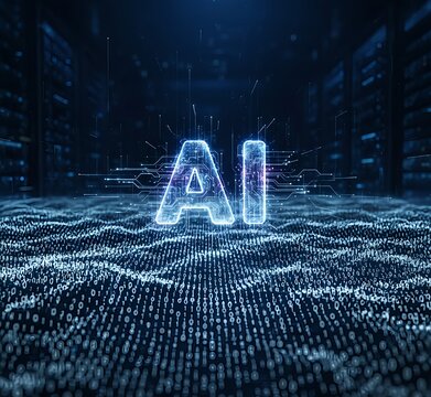 Digitally generated image of AI sign and binary code