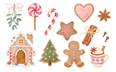 Watercolor Christmas Sweets Clipart Set. Gingerbread Cookies, Candy Canes, Hot Cocoa, Lollipop, Mistletoe and Spices