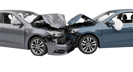 Two modern cars in a severe head-on collision showing significant damage isolated on transparent background