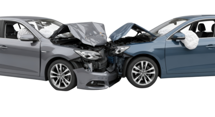Two modern cars in a severe head-on collision showing significant damage isolated on transparent background