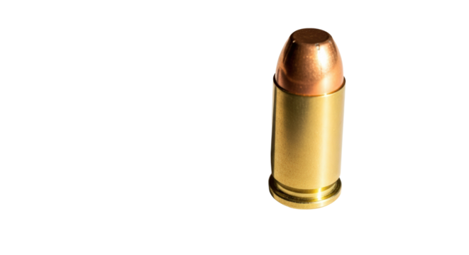 Golden bullet ammunition close-up studio shot isolated on a dark field ready for action isolated on transparent background