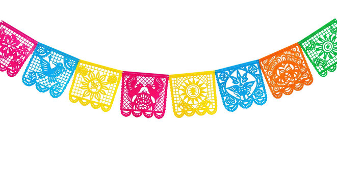 Colorful papel picado banner festive mexican decorations for celebrations and dia de muertos isolated on transparent background