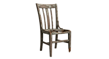 Antique wooden chair with worn floral fabric seat against a detailed object photography isolated on transparent background