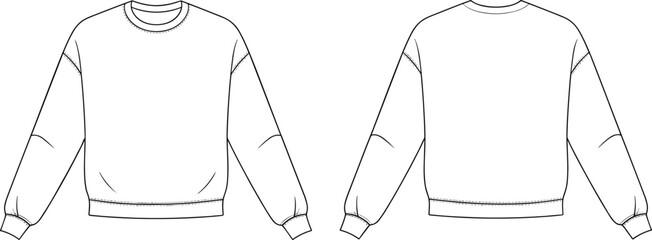 Sweatshirt flat sketch, technical fashion drawing, CAD garment illustration, vector apparel template, crewneck pullover design, front and back view