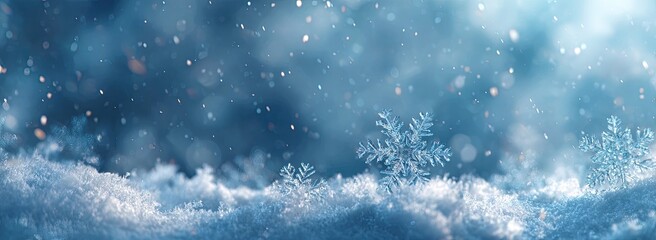A winter scene featuring snowflakes falling over a snowy landscape, with a soft, blurred background