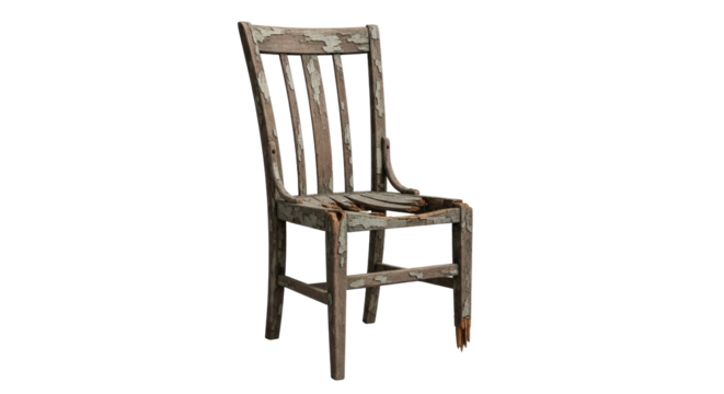 Antique wooden chair with worn floral fabric seat against a detailed object photography isolated on transparent background