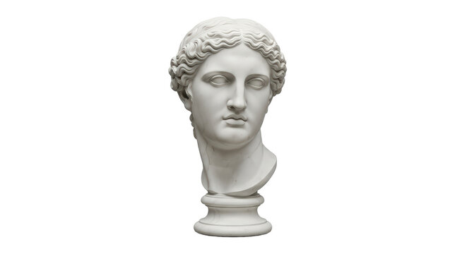Ancient greek sculpture bust of a goddess or muse in white marble texture isolated on transparent background