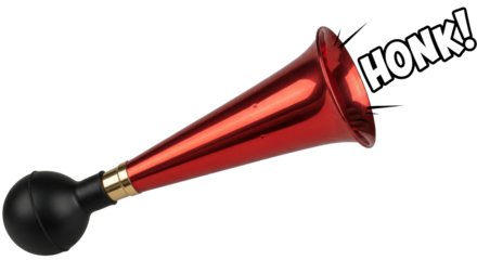 Shiny red metal air horn with black rubber bulb for sound amplification and attention isolated on transparent background