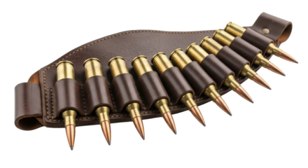 A machine gun ammunition belt loaded with brass cartridges on a dark surface isolated on transparent background