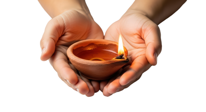 Hands gently cupping a lit diya oil lamp symbolizing light hope and tradition isolated on transparent background
