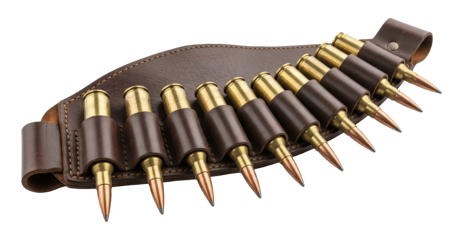A machine gun ammunition belt loaded with brass cartridges on a dark surface isolated on transparent background - Powered by Adobe