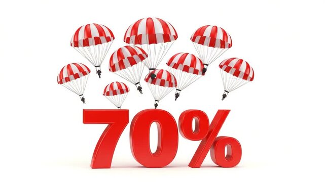 70 percent off with parachutes isolated on white background for promotion