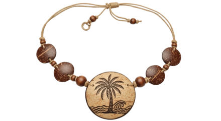 Handmade boho beaded anklet with palm tree charm for summer beach and travel style isolated on transparent background