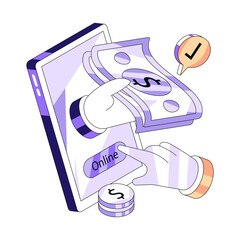 Money inside smartphone, icon of mobile money
