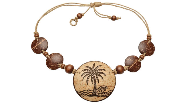 Handmade boho beaded anklet with palm tree charm for summer beach and travel style isolated on transparent background