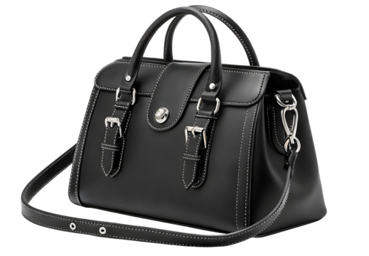 Black female leather bag isolated on white or transparent background