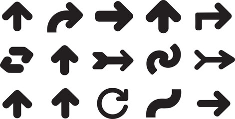Black Arrows Various Styles, Directions, and Shapes Illustration on a White Background, Signifying Direction and Movement