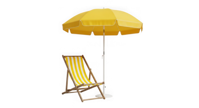 Yellow beach umbrella and deck chair isolated on transparent background