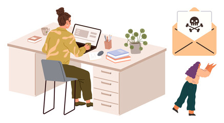 Person working on laptop receives a phishing email while another person reacts anxiously with a device. Ideal for cybersecurity, work stress, safety, digital awareness, phishing, online threats