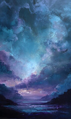 Fototapeta premium Dreamy skyscape with dramatic cloud formations and a serene body of water beneath creating a breathtaking vista for wall art or captivating creative projects enhanced by ethereal