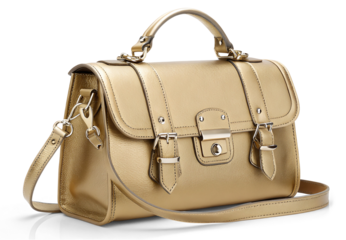 Gold female leather bag isolated on white or transparent background