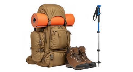 A large hiking backpack with sleeping pads, hiking boots, and a trekking pole, isolated on transparent background